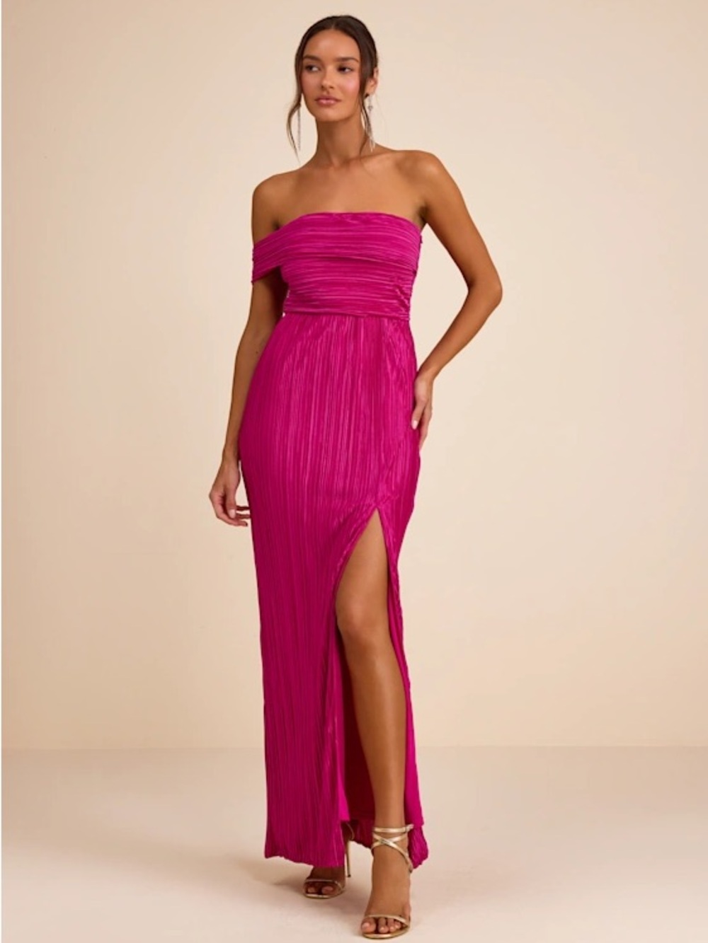 Lulus Poised Performance Fuchsia Plissé One Shoulder Maxi Dress XS NWT